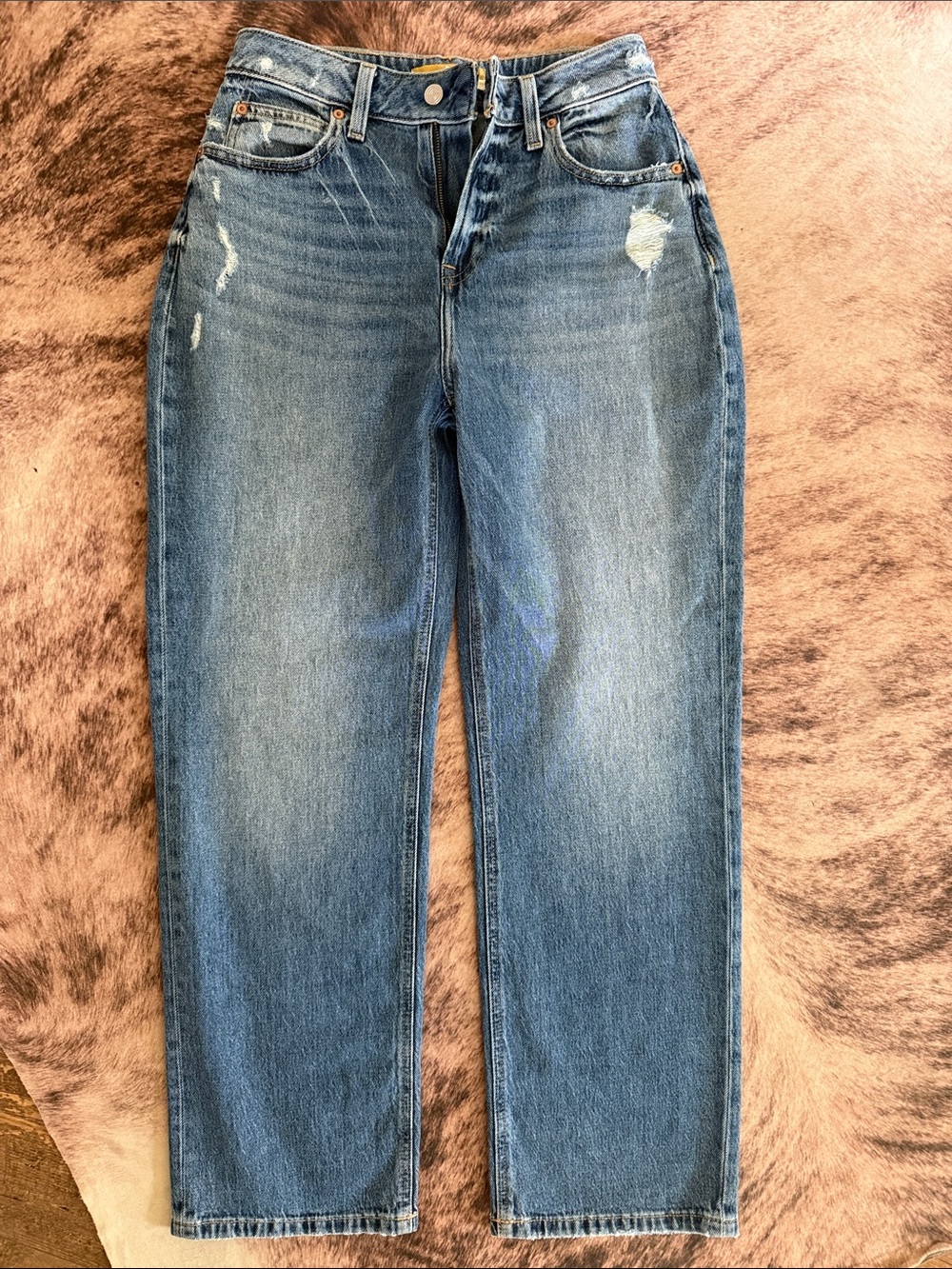 Classic High-Waist Straight Leg Distressed Jeans - Blue